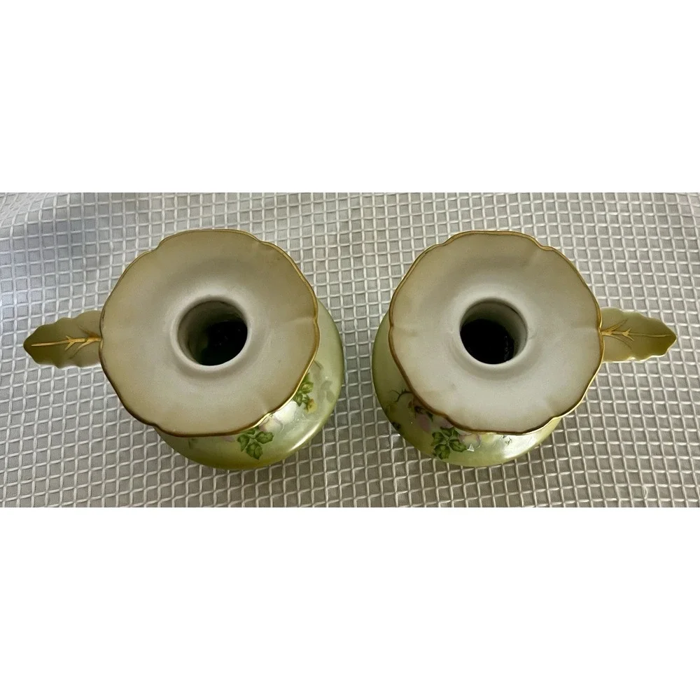 Vtg Nippon Hand Painted Porcelain Floral Candlesticks Pair Light Green Pink Gold